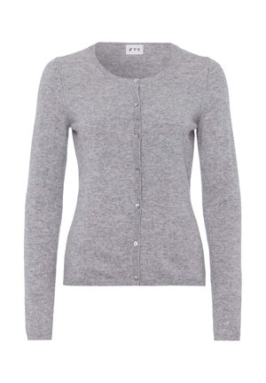 Cardigan grigio in tessuto morbido e lavorato a maglia. Presenta una scollatura tonda, maniche lunghe e cinque bottoni di diversi colori.