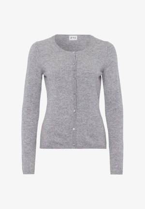 Grijze cardigan gemaakt van zachte, gebreide stof. Voorzien van een ronde hals, lange mouwen en vijf knopen in verschillende kleuren.