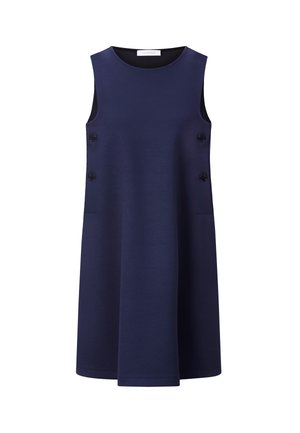 Navy sleeveless dress in smooth fabric with a round neckline, featuring two decorative buttons and side pockets. Simple a-line shape.