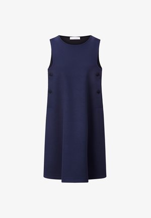 Jūras spēku zila bezpiedurkņu kleita no gludas auduma ar apaļu kakla izgriezumu, kurai ir divi dekoratīvi pogas un sānu kabatas. Vienkārša A formas siluets.