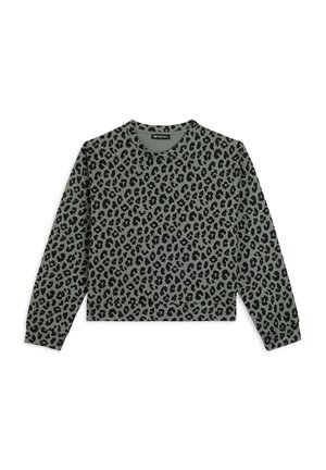 Sweatshirt imprimé léopard en vert clair et noir, design court avec des manches longues, col et poignet côtelés. Texture de tissu douce.