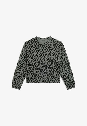 Felpa a stampa leopardata in verde chiaro e nero, design cropped con maniche lunghe, scollo e polsini a costine. Texture morbida del tessuto.