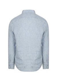 Lange mouwen shirt in lichtblauw en wit gestreepte katoen. Kenmerkt zich door een kraag, knoopmanchetten en een afgeronde zoom. Vlakke achterzijde.