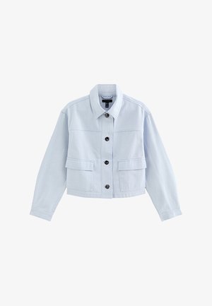 Hellblaue kurze Jacke mit langen Ärmeln, spitzem Kragen, vorderen Knöpfen und zwei vorderen Klappentaschen.