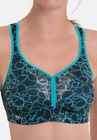 Schwarzes Sport-BH mit floralem Muster in Hellblau. Verfügt über einen V-Ausschnitt, breite Träger und ein strukturiertes Mesh-Gewebe für Atmungsaktivität.