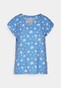 Blusa azul com decote em V e mangas curtas tipo morcego. Apresenta um padrão floral branco. Feita de um tecido macio com um corte descontraído.