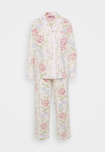 Gėlių medvilninė pižama, dekoruota rožinėmis ir mėlynosiomis gėlėmis ant kreminio fono. Sudaro marškiniai su mygtukais, krūtinės kišene ir ilgomis kelnių.