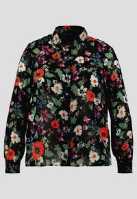 Blouse noire à manches longues avec imprimé floral rouge, blanc, violet et bleu, dotée d'un col et d'une fermeture à boutons sur le devant.