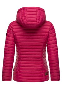 Padded pink jacket with a fitted design, a quilted texture, and a hood. Features a logo tag on the left side near the hem.