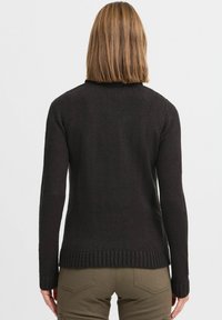 Pull en maille sombre avec de longues manches, poignets et ourlet côtelés. La texture est douce, présentant un motif subtil. Vue arrière uniquement.