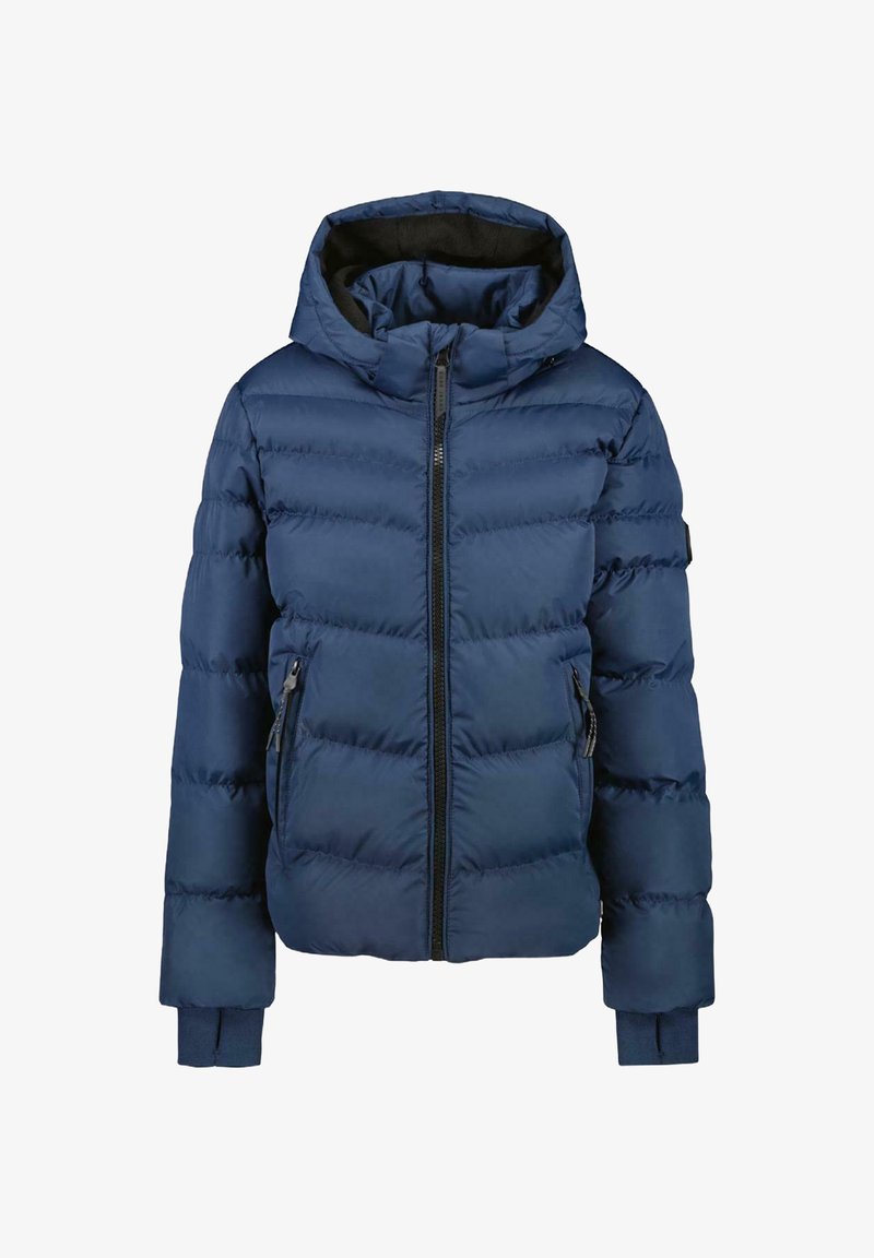 Navy blue puffer jacket with a hood, featuring a front zipper and two side pockets, showcasing a quilted design and elastic cuffs.
