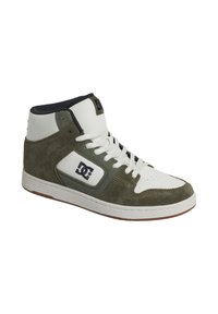 High-top sneaker in olive green suede and white leather, featuring a padded collar, white laces, and a brown rubber sole with logo detail.