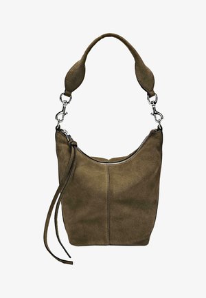 Braune Wildleder-Schultertasche mit einem strukturierten, geschwungenen Körper, einem kurzen gepolsterten Griff und einem Reißverschluss. Mit einer dekorativen Quaste.