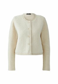 Crème-kleurige cropped cardigan met een gemêleerde fleece voorkant, gladde mouwen, ronde halslijn en vijf decoratieve knopen aan de voorkant.