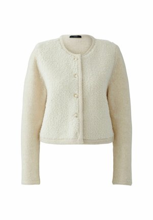 Cremfarbener cropped Cardigan mit einer strukturierten Fleece-Front, glatten Ärmel, Rundhalsausschnitt und fünf dekorativen Knöpfen vorne.