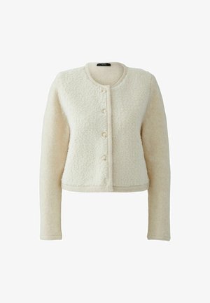 Cardigan court couleur crème avec un devant en polaire texturée, des manches lisses, un col rond et cinq boutons décoratifs à l'avant.