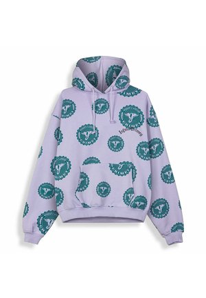 Sudadera con capucha color lavanda con logotipos circulares en color verde azulado que incluyen la letra "g" y un patrón de texto "grimey", bolsillo delantero y capucha ajustable con cordón.