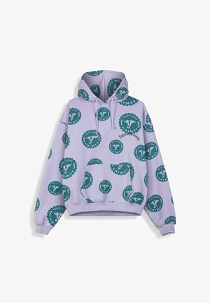 Felpa con cappuccio color lavanda con loghi circolari turchesi che mostrano la lettera "g" e il motivo testuale "grimey", tasca frontale e cappuccio con coulisse regolabile.