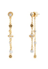 Gold-tone dangle earrings with chains, featuring crystal accents, white pearls, and floral-shaped metal details.
