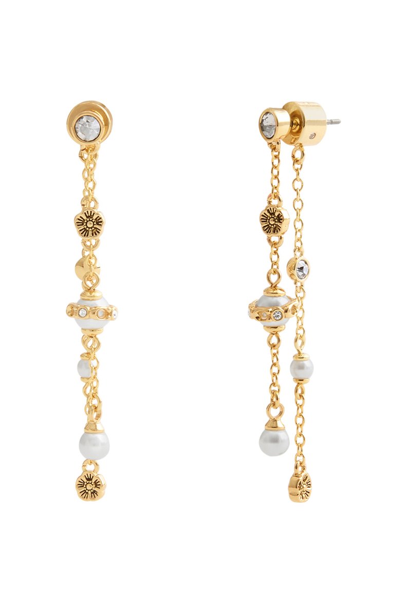 Gold-tone dangle earrings with chains, featuring crystal accents, white pearls, and floral-shaped metal details.