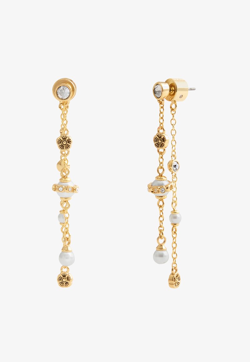 Gold-tone dangle earrings with chains, featuring crystal accents, white pearls, and floral-shaped metal details.