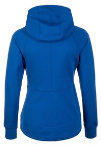 Blå huvtröja med en slät tygkvalitet, figurnära passform, långa ärmar, rundad nederkant och sömdetaljer på baksidan.