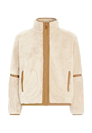 Fleecejacke in Creme mit hohem Kragen, Reißverschluss vorne und zwei Fronttaschen. Mit beigen Akzenten an den Ärmeln und Seiten. Strukturiertes Material.