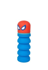 Borraccia pieghevole a tema Spiderman; coperchio in silicone rosso con motivo a rete, corpo blu texturizzato, altezza regolabile con sezioni rigide.