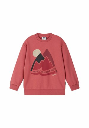 Różowa bluza dziecięca z długim rękawem z grafiką góry, słońcem i słowami "move mountains" z przodu.