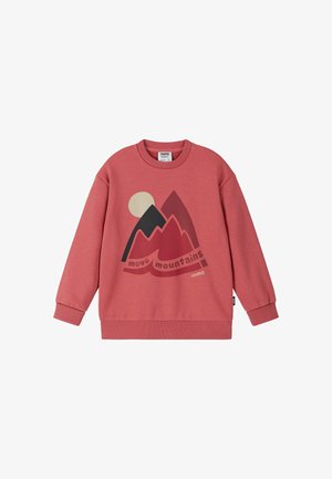 Różowa bluza dziecięca z długim rękawem z grafiką góry, słońcem i słowami "move mountains" z przodu.