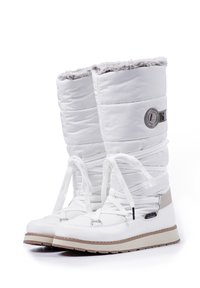 White waterproof winter boots with a padded shaft, lace-up design, soft grey fur lining, and a rubber sole with a tan accent.