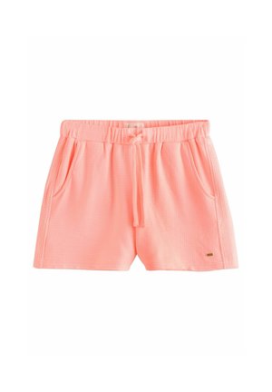 Shorts pêche en tissu texturé avec une taille élastique, dotés d'un cordon de serrage et de deux poches latérales. Petit détail de logo doré présent.