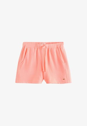 Shorts pêche en tissu texturé avec une taille élastique, dotés d'un cordon de serrage et de deux poches latérales. Petit détail de logo doré présent.