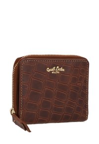 Brown leather wallet with a crocodile texture, gold logo, and zip closure. Features contrasting stitching and a small leather tag.