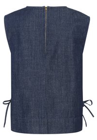 Denim top with a high neckline, short sleeves, back zipper, and adjustable side ties. Dark blue color, smooth texture.