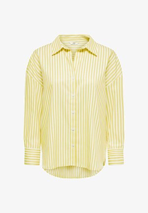 Pitkähihainen, keltavalkoraidallinen napitettava paita, jossa on kaulus ja pyöristetty helma.