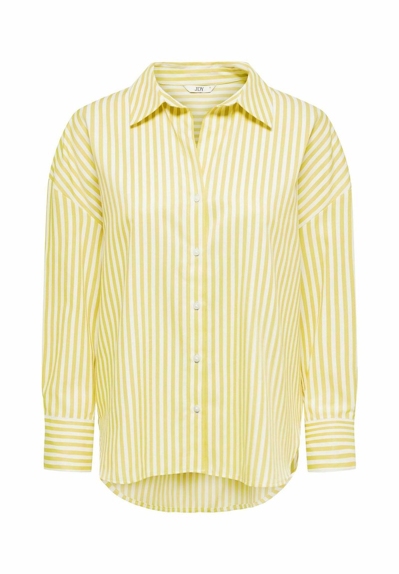Chemise à manches longues rayée verticalement jaune et blanche, boutonnée, avec col et ourlet arrondi.