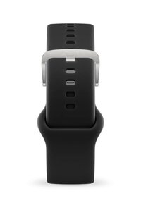 Black silicone watch strap with a smooth texture, featuring multiple adjustment holes and a silver metal buckle for secure fastening.