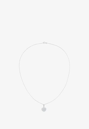 Silberne Halskette mit einem herzförmigen Anhänger mit strukturierter Oberfläche. Die Kette ist zart und hat einen einfachen Karabinerverschluss.