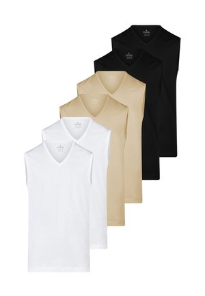 Set di sei canottiere senza maniche con scollo a V in bianco, beige e nero, disposte in formazione sovrapposta su sfondo bianco.