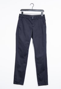 Mörkblå chinos med slim fit, med framfickor, knäppning och bälteshällor. Slät tyg med minimala sömmar.