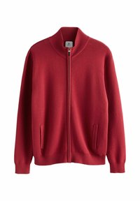 Red zip-up sweater with a high ribbed collar, long sleeves, and two front pockets. Soft fabric with a smooth texture.