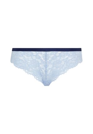 Culotte en dentelle bleu clair avec un motif floral et des bords festonnés, dotée d'une ceinture élastique bleu foncé.