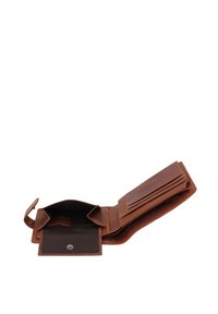 Portefeuille en cuir marron ouvert montrant un compartiment principal vide, des emplacements pour cartes et une petite poche à monnaie avec fermeture à bouton-pression.
