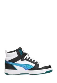 Hoge sneakers met een bovenwerk van zwart leer, witte accenten en iriserende teal-strepen. Voorzien van vetersluiting en een gewatteerde kraag.