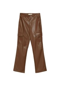 Bruine neplederen cargobroek met een hoge taille, wijde benen en twee grote zijzakken. Glad materiaal en sluiting met knoop aan de voorkant.