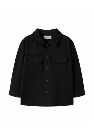 Veste noire à manches longues avec boutons, col et deux poches poitrine boutonnées, design simple et ourlet droit.