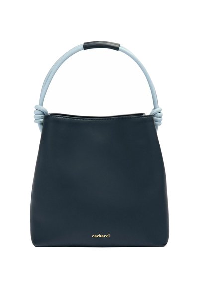 Navy leather handbag with a light blue handle, featuring a knotted detail. Gold logo at the base, smooth texture and structured shape.