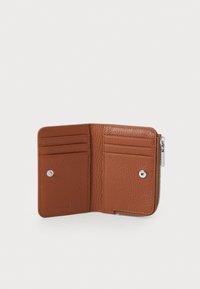 Brown leather wallet featuring a textured finish, multiple card slots, a snap button closure, and a zippered compartment.