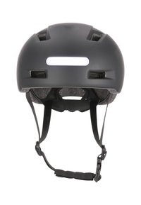 Sort cykelhjælp med mat overflade, justerbare stropper, ventilationshuller og en hvid vandret lysstripe på fronten.
